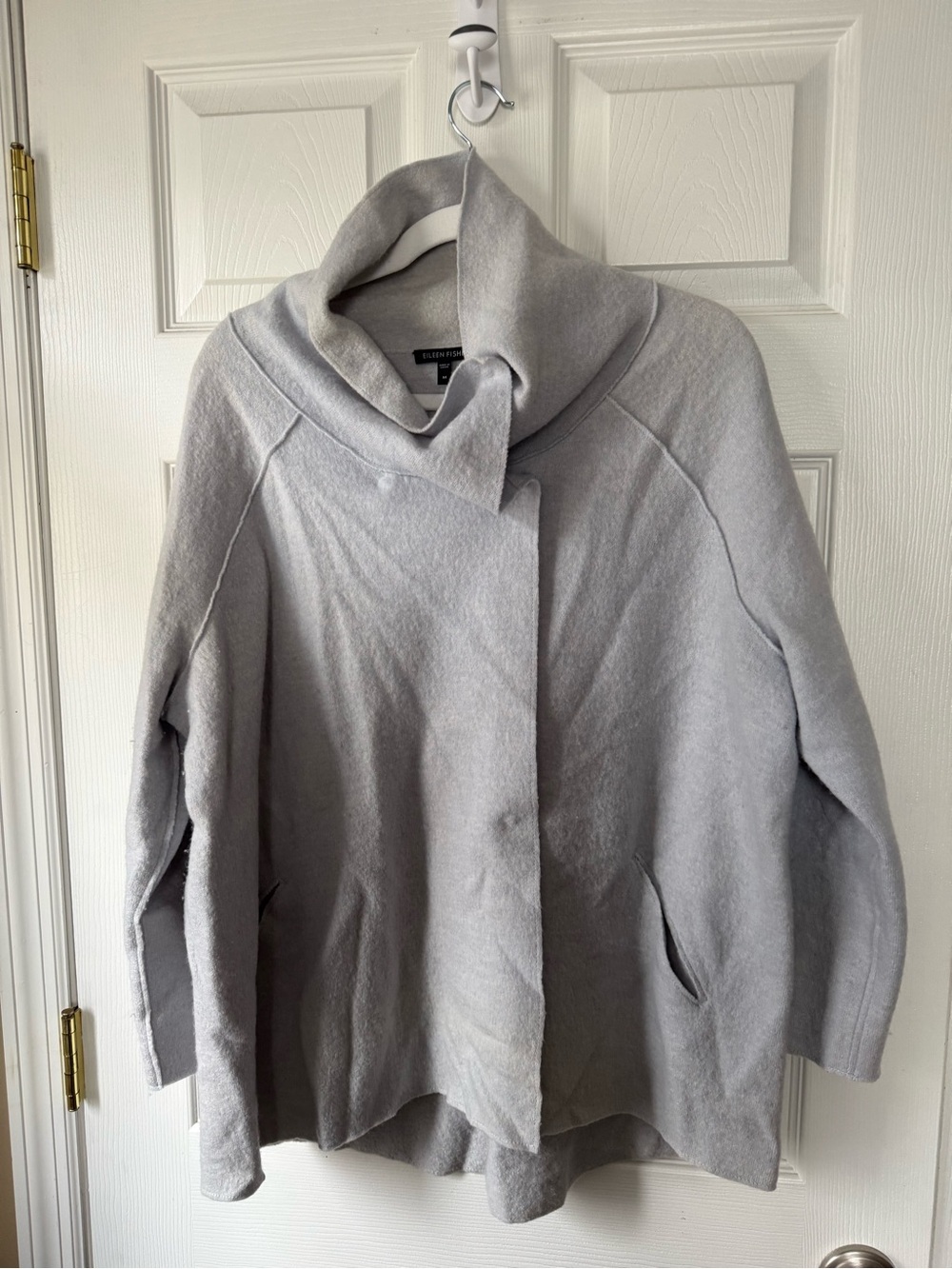 Eileen Fisher Soft Light Bluish Gray 100% Boiled Wool-Blend Funnel Neck Coat